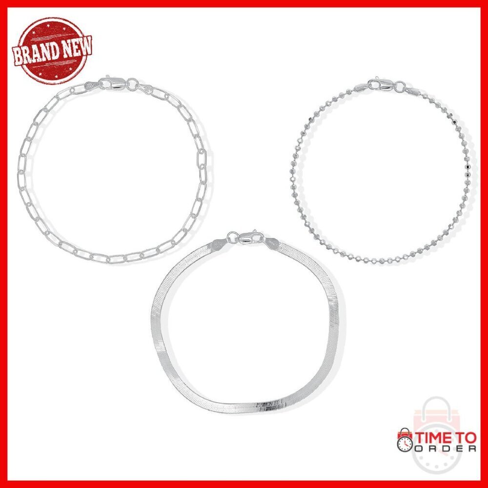 Sterling Silver Stackable Bracelet Set - 3 Piece Dainty Chains
